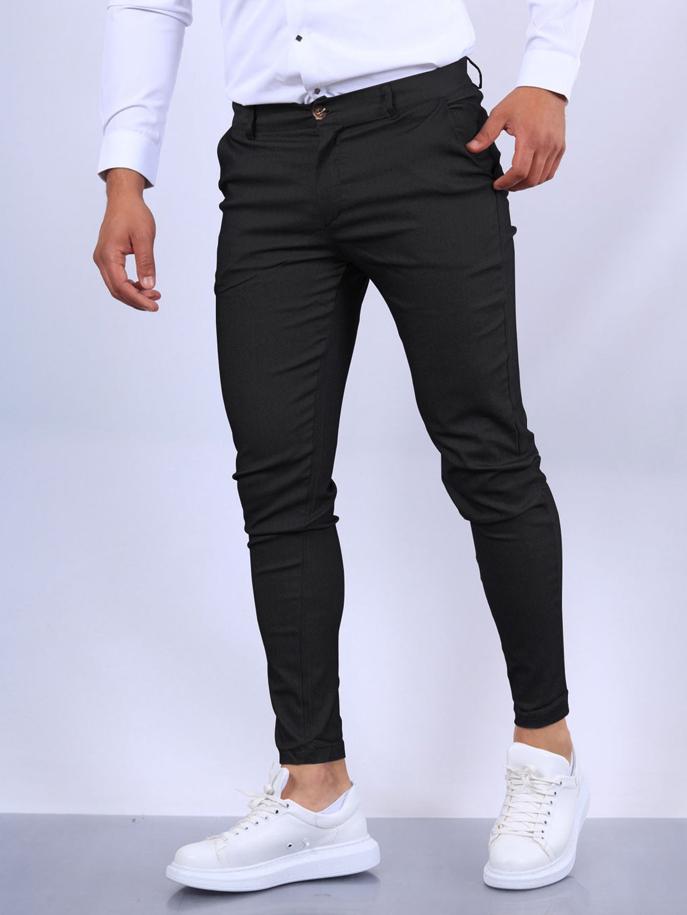Pantalon slim boutonné pour homme, tendance, uni