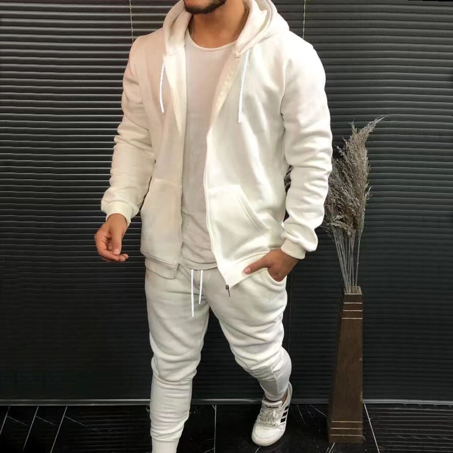 Mens Fashion Solid-Color Casual Hooded Cardigan Set