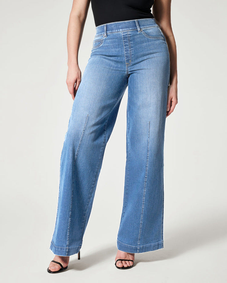 Jean droit pour femme, taille moyenne, pantalon large, taille haute élastique