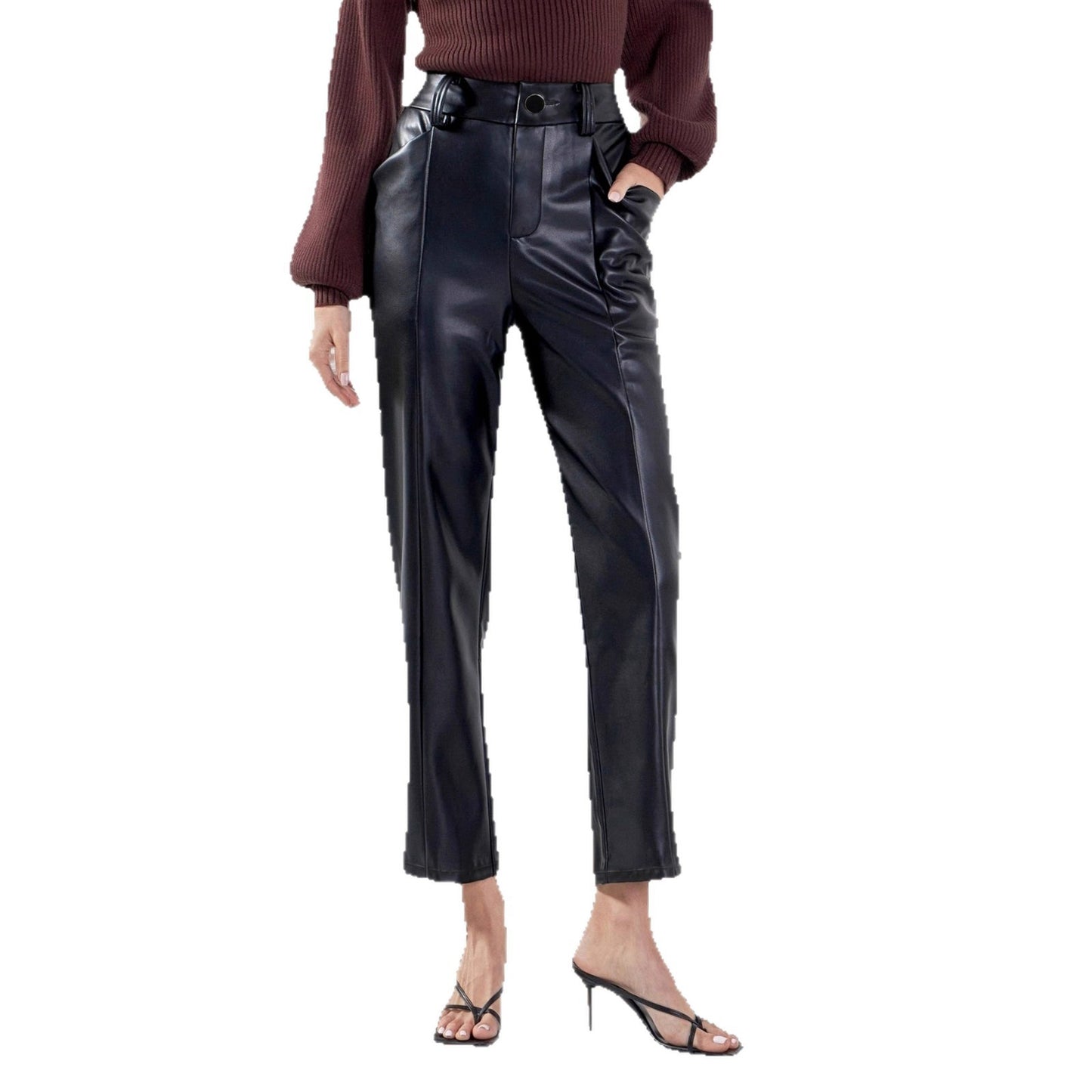High Waist Matte PU Leather Straight-leg Trousers