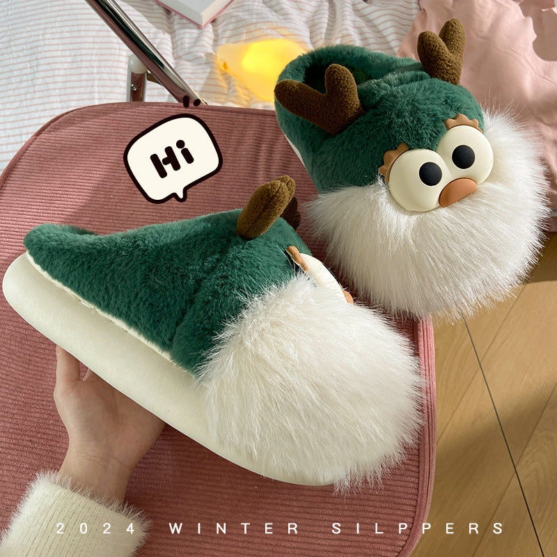 Chaussures mignonnes en coton avec motif cerf de Noël pour femme, pantoufles d'hiver d'intérieur, à talon semi-couvert, chaudes et en peluche