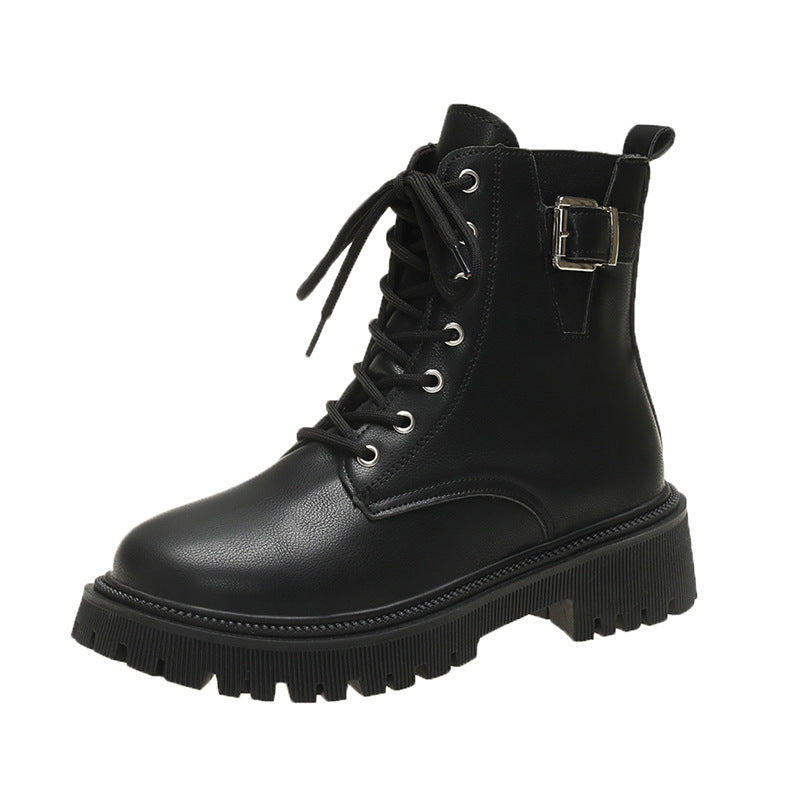 Bottines noires à lacets et boucle de ceinture de style britannique pour l'automne et l'hiver