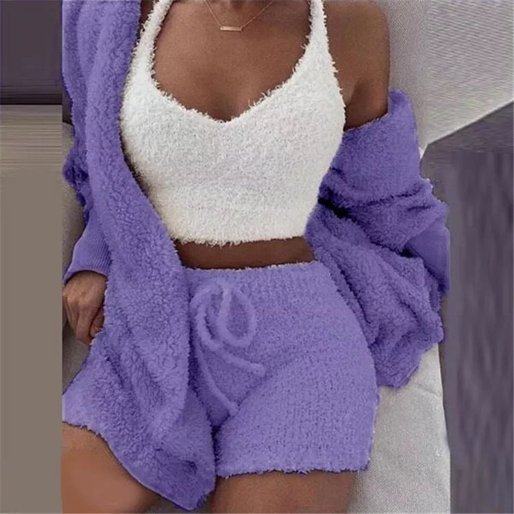Ensemble pyjama décontracté et sexy pour femme, tenue d'hiver, doux et chaud, manches longues, nombril exposé, gilet et short