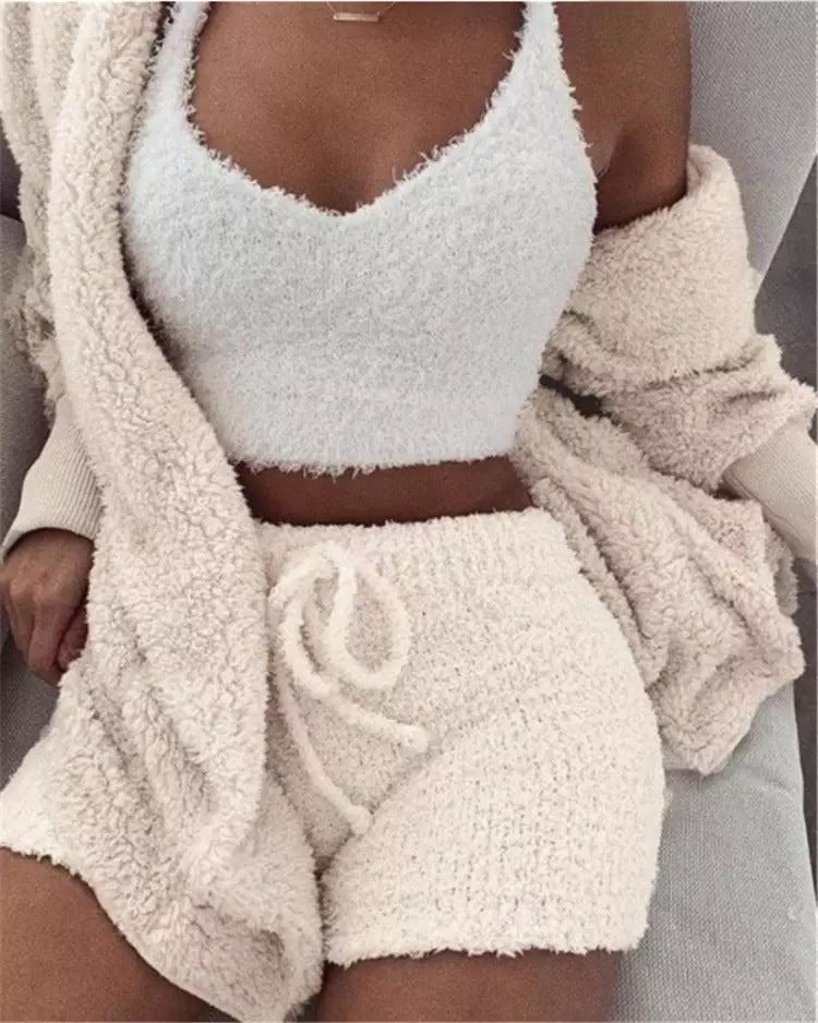 Ensemble pyjama décontracté et sexy pour femme, tenue d'hiver, doux et chaud, manches longues, nombril exposé, gilet et short