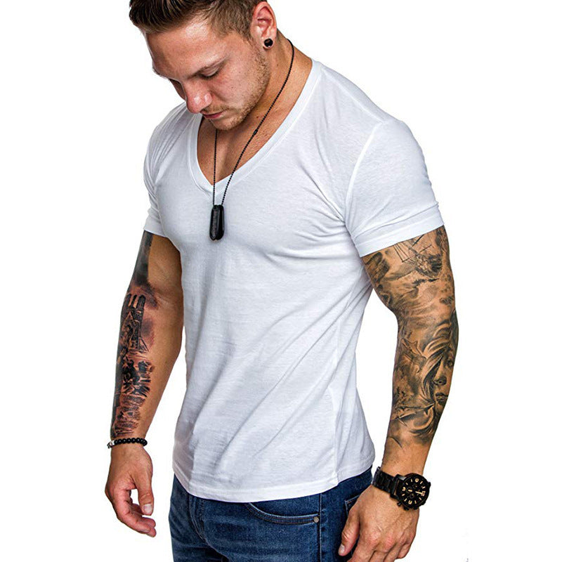 T-shirt col V décontracté pour homme, couleur unie, grande taille, style sport