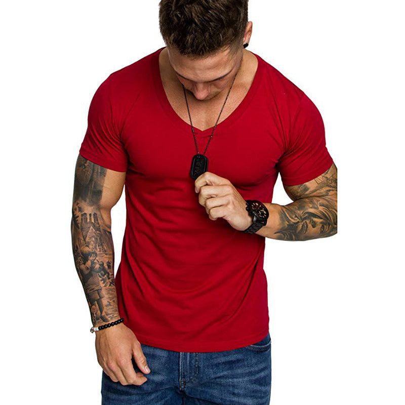 T-shirt col V décontracté pour homme, couleur unie, grande taille, style sport