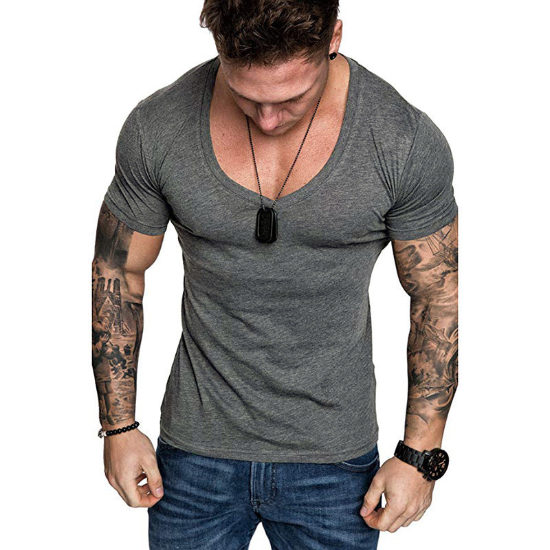 T-shirt col V décontracté pour homme, couleur unie, grande taille, style sport