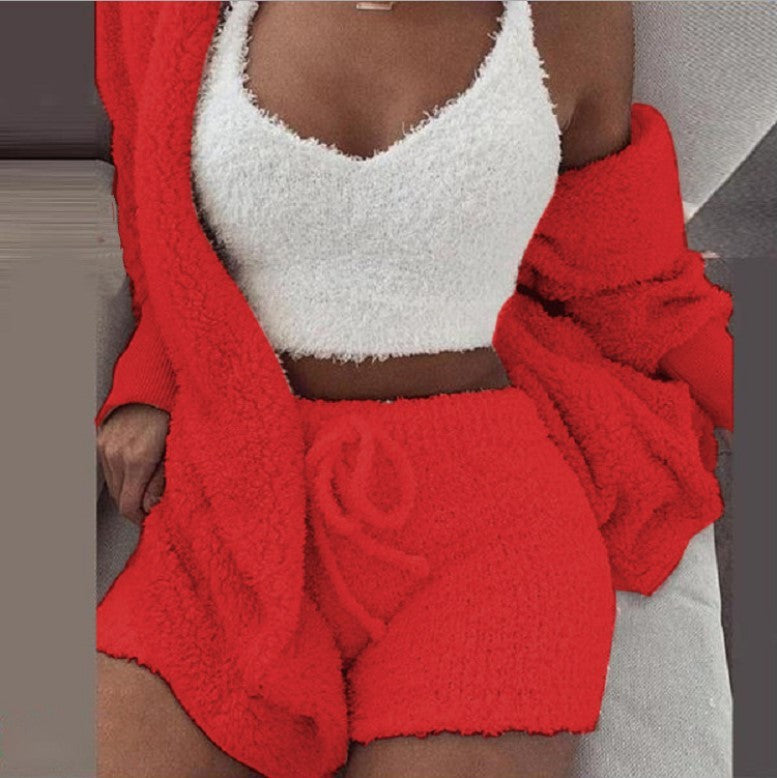 Ensemble pyjama décontracté et sexy pour femme, tenue d'hiver, doux et chaud, manches longues, nombril exposé, gilet et short