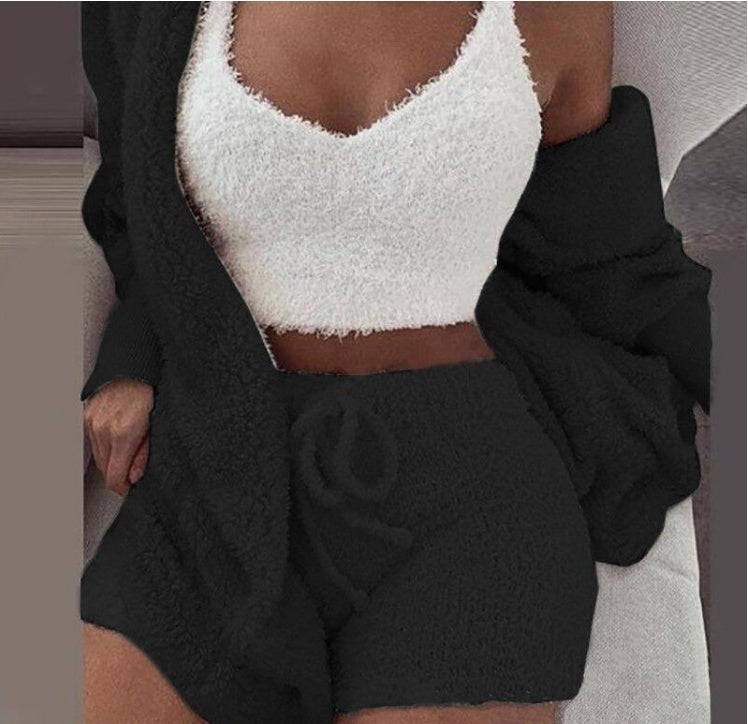 Ensemble pyjama décontracté et sexy pour femme, tenue d'hiver, doux et chaud, manches longues, nombril exposé, gilet et short
