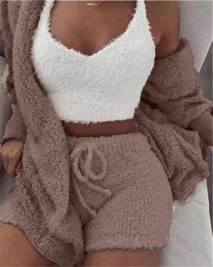 Ensemble pyjama décontracté et sexy pour femme, tenue d'hiver, doux et chaud, manches longues, nombril exposé, gilet et short
