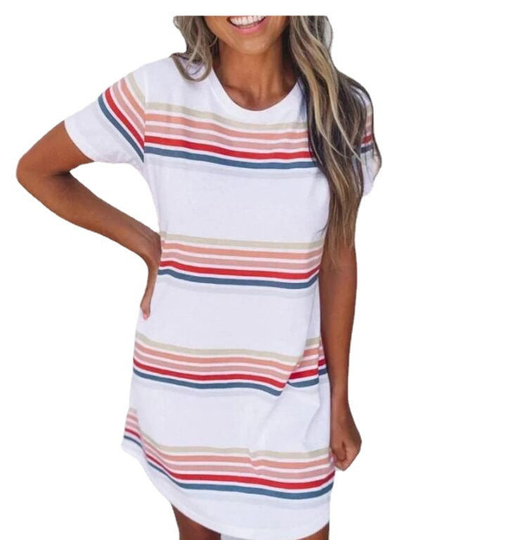 Robe d'été à rayures colorées et col rond pour femmes, style européen et américain,