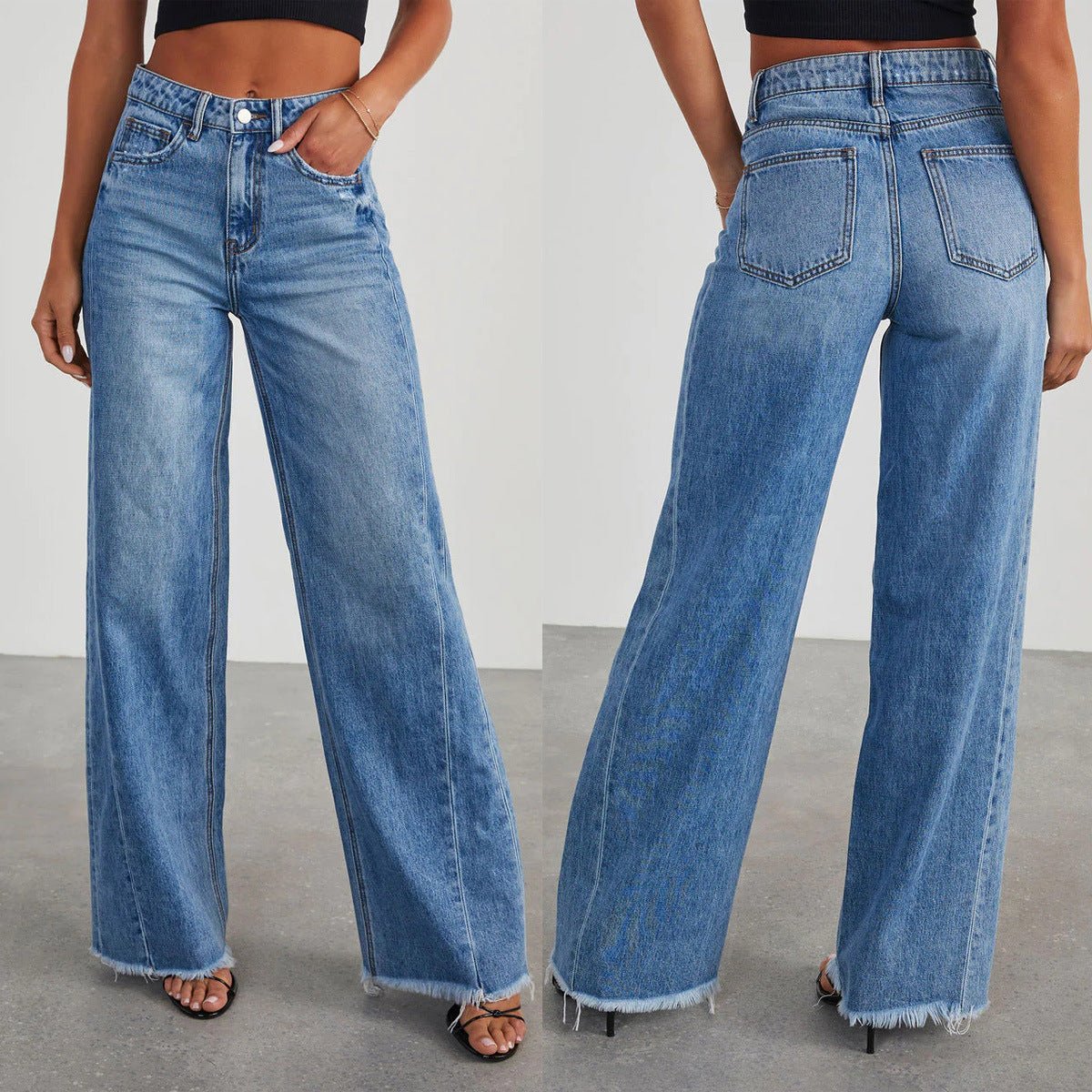 Jean ample à jambes larges pour femme avec coutures latérales et ourlet effiloché. Très beau jean pour vous mesdames