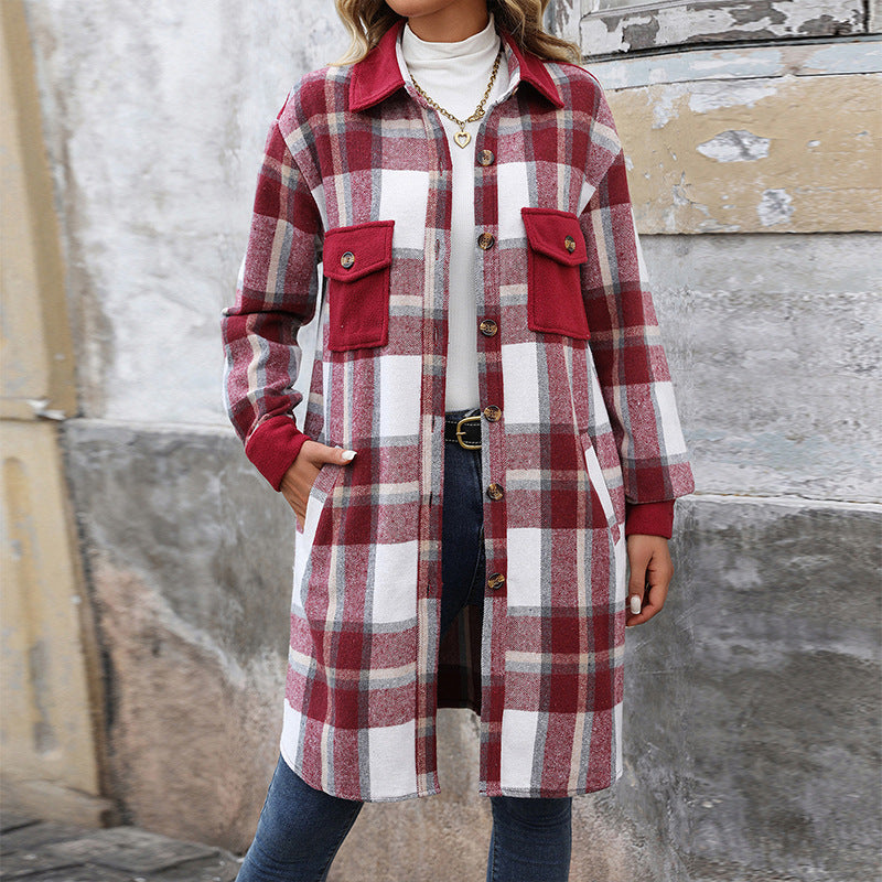 Nouveau manteau long à carreaux brossés avec poches, veste d'hiver tendance, vêtements d'extérieur pour femmes