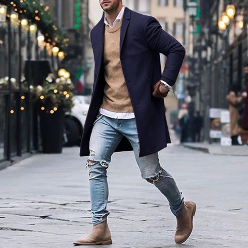 Trench-coat long pour homme, veste classique, couleur unie, coupe slim