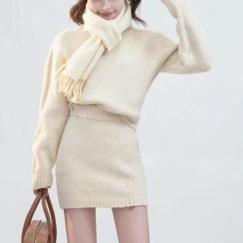 Crewneck Longsleeve Solidcolor Sweater And Pencil Skirt Set