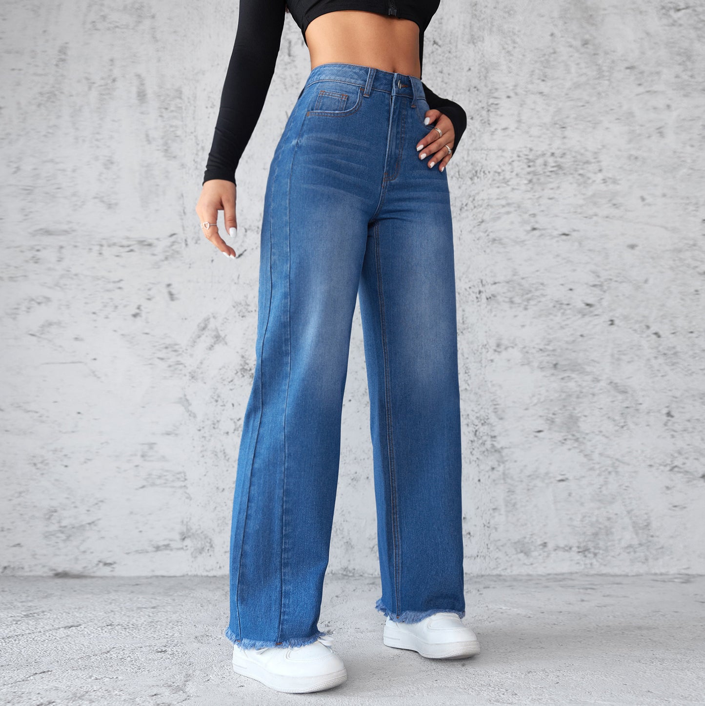 Jean droit à jambes larges, décontracté, taille haute, non élastique, vêtements pour femmes