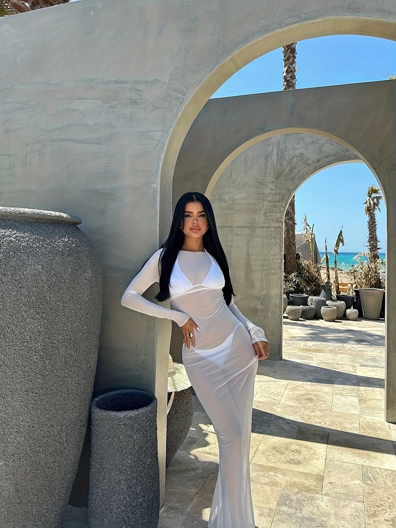 Mesh Sheer Long-sleeve Dress Maxi Dress