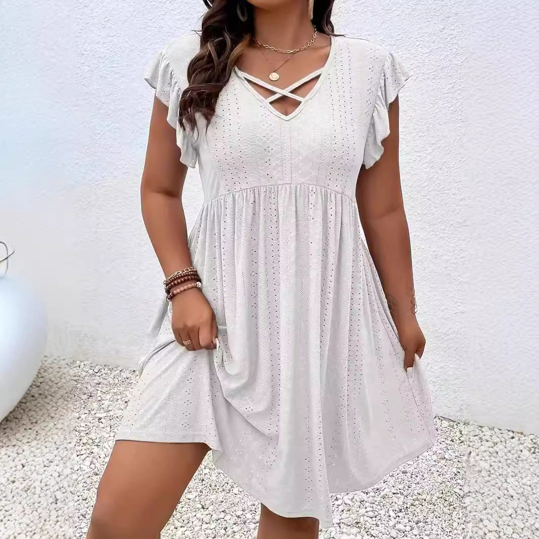 Women's Jacquard Ruffle Sleeve V-neck Dress