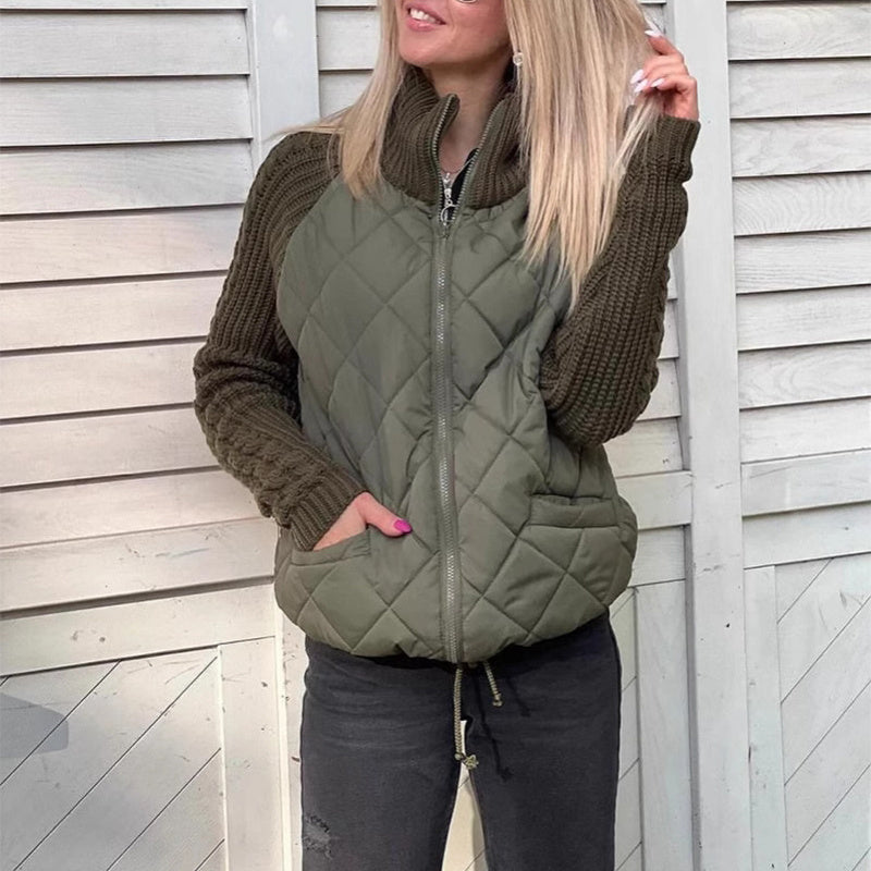Veste en coton à col montant avec poches, manteau tendance en tricot avec fermeture éclair, hauts chauds d'hiver pour femmes