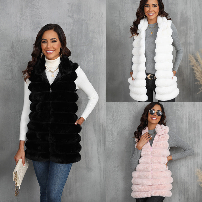 Gilet mi-long en fausse fourrure pour femme, nouvelle collection automne-hiver