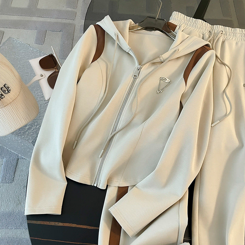 Ensemble veste et pantalon à jambes larges pour femme, style sport décontracté, avec fermeture éclair et capuche