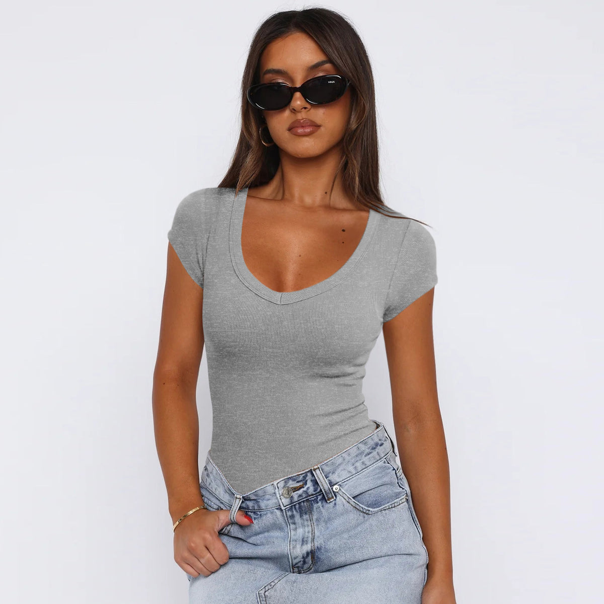 Womens Ribbed Pullover Solid Color Versatile And Stylish Short Sleeves