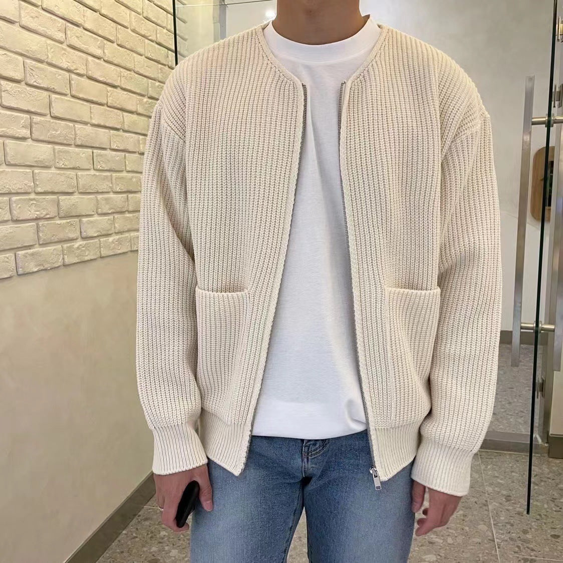 Cardigan tricoté zippé pour homme, doublé, col cheminée, pull, poches, manteau, toutes saisons, confortable, doux, manches longues
