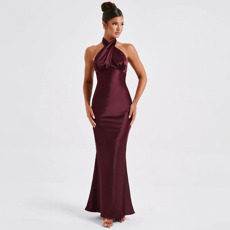 Robe élégante sans manches dos nu à la mode estivale tissu satinde couleur unie, simplement magique robe longue.