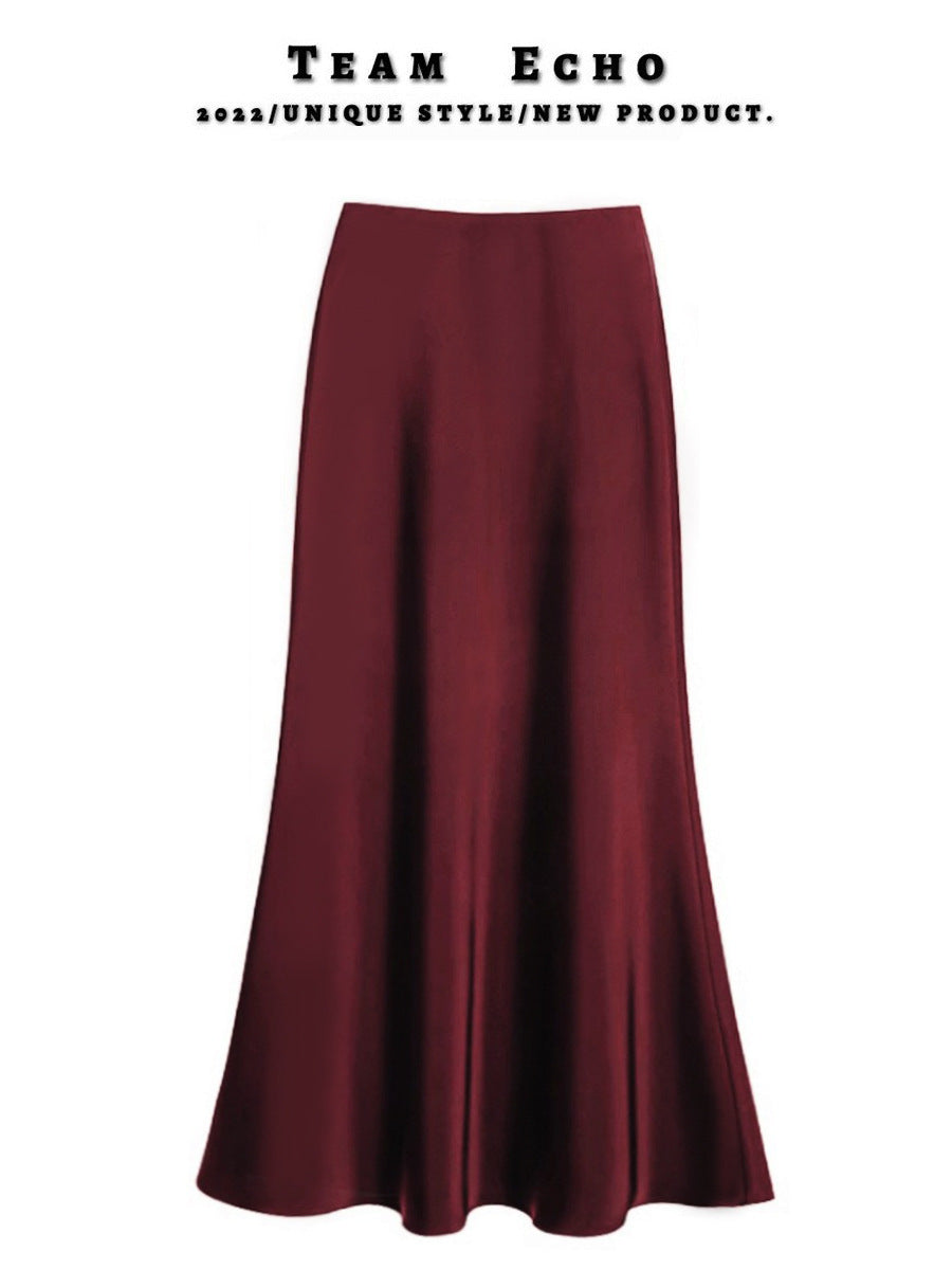 High Waist Slimming Mid-length Satin Acetate Silky Skirt