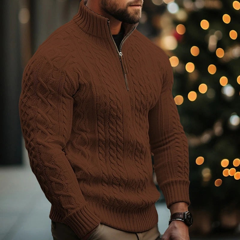Manteau en tricot à demi-fermeture éclair pour homme, couleur unie, pull épais torsadé