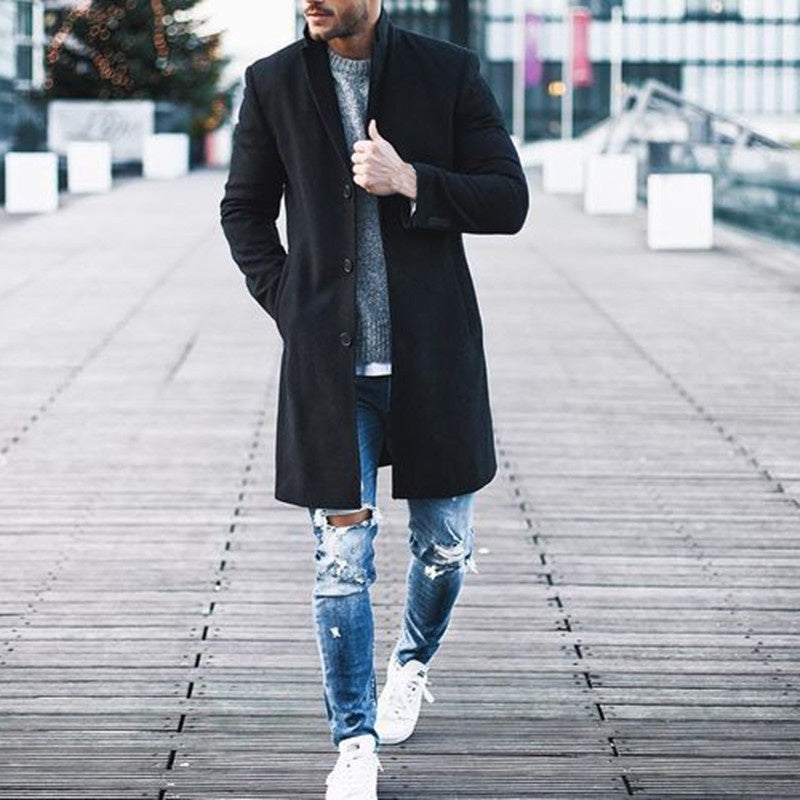 Trench-coat long pour homme, veste classique, couleur unie, coupe slim