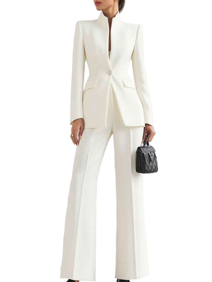 Long Sleeve Solid Color Pocket One Button Small Suit Two-piece Pants