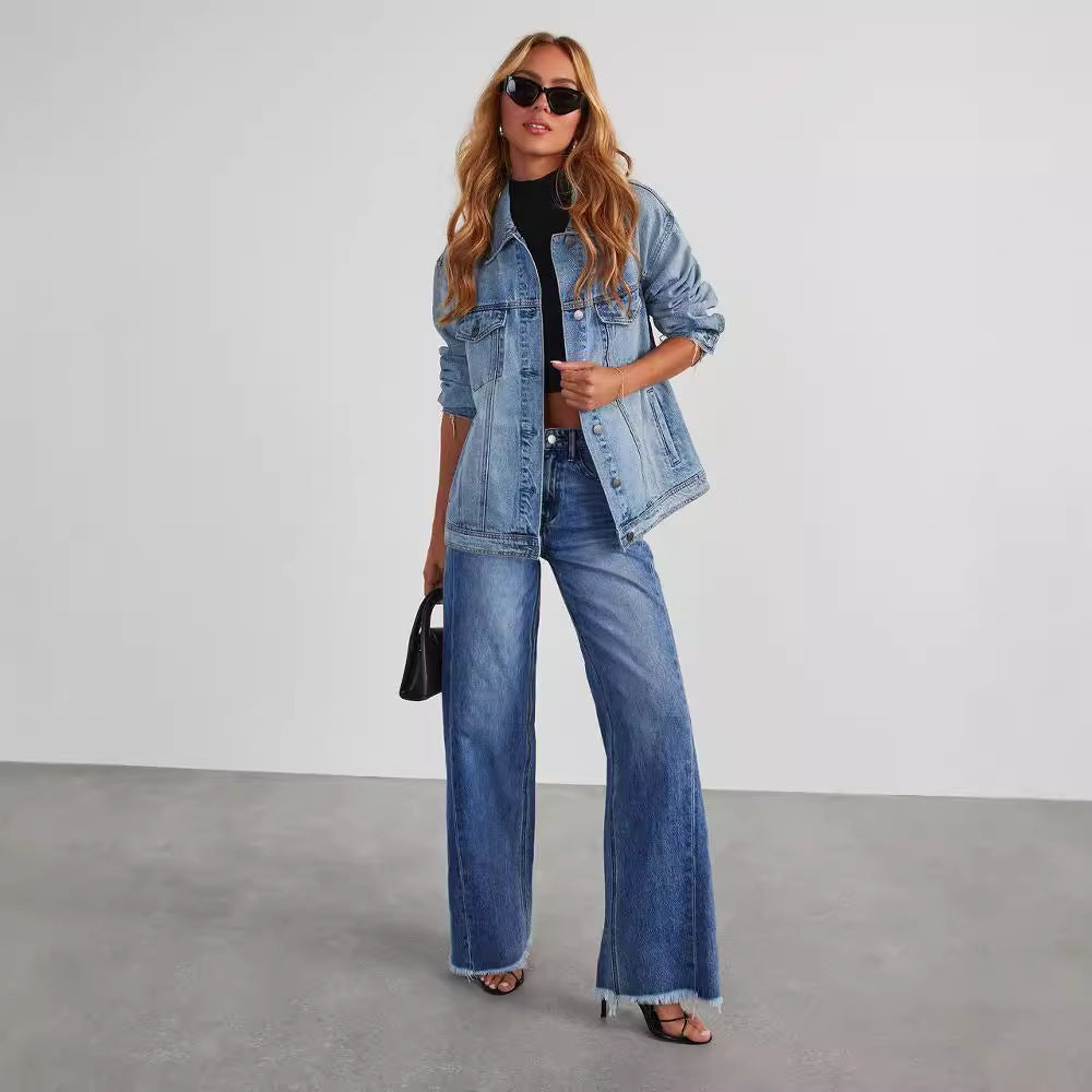 Jean taille haute tendance avec poches, coupe slim confortable, pantalon droit et large, vêtements pour femmes