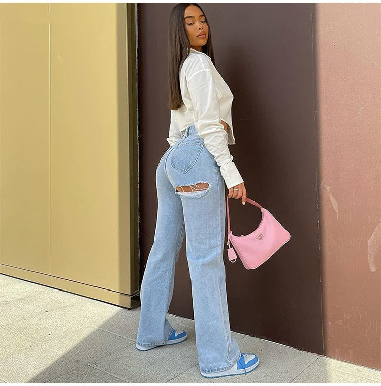 Pantalon en jean extensible avec ourlet déchiré et fentes pour femme. Confortable et stylée taille haute
