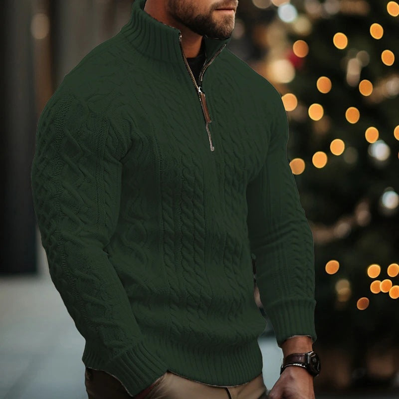 Manteau en tricot à demi-fermeture éclair pour homme, couleur unie, pull épais torsadé