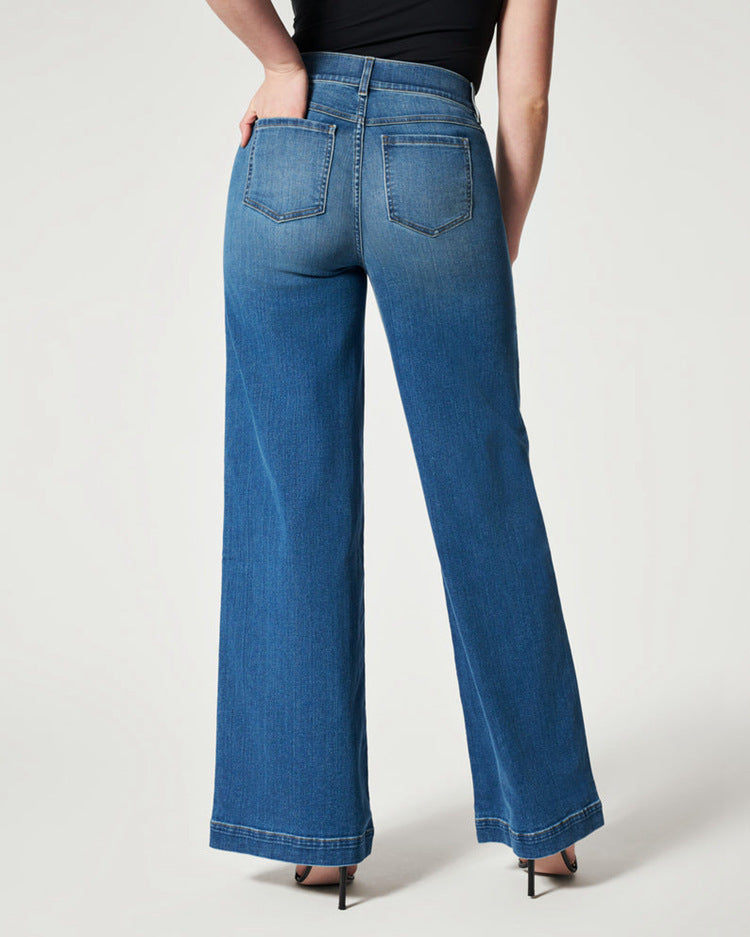 Jean droit pour femme, taille moyenne, pantalon large, taille haute élastique