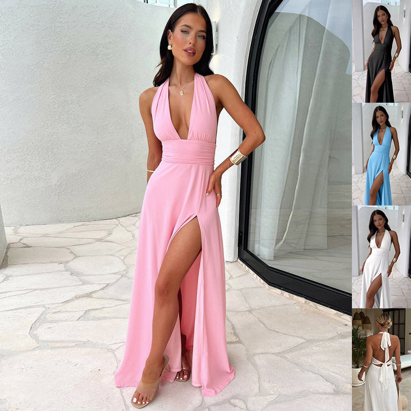 Robe sexy dos nu à col en V et fente pour l'été, à bretelles dos nu vêtements tendance pour femmes