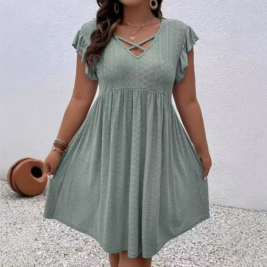 Women's Jacquard Ruffle Sleeve V-neck Dress