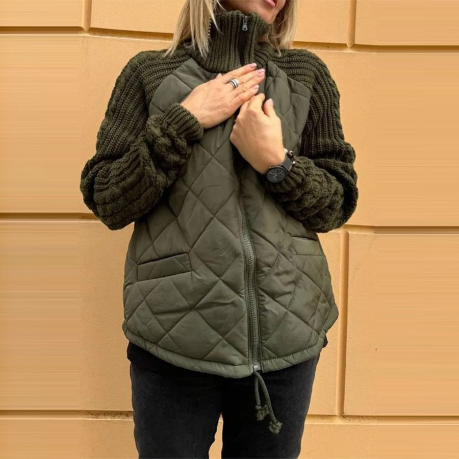 Veste en coton à col montant avec poches, manteau tendance en tricot avec fermeture éclair, hauts chauds d'hiver pour femmes