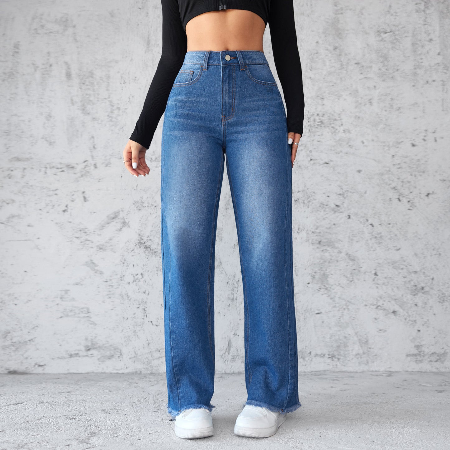 Jean droit à jambes larges, décontracté, taille haute, non élastique, vêtements pour femmes