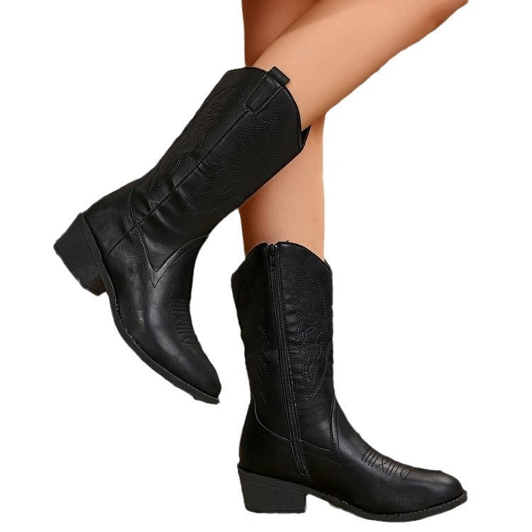 Bottes Martin mi-mollet pour femme, couleur unie, pointues, à talons épais