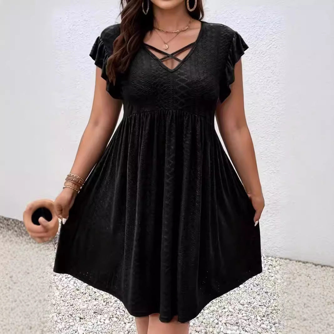 Women's Jacquard Ruffle Sleeve V-neck Dress