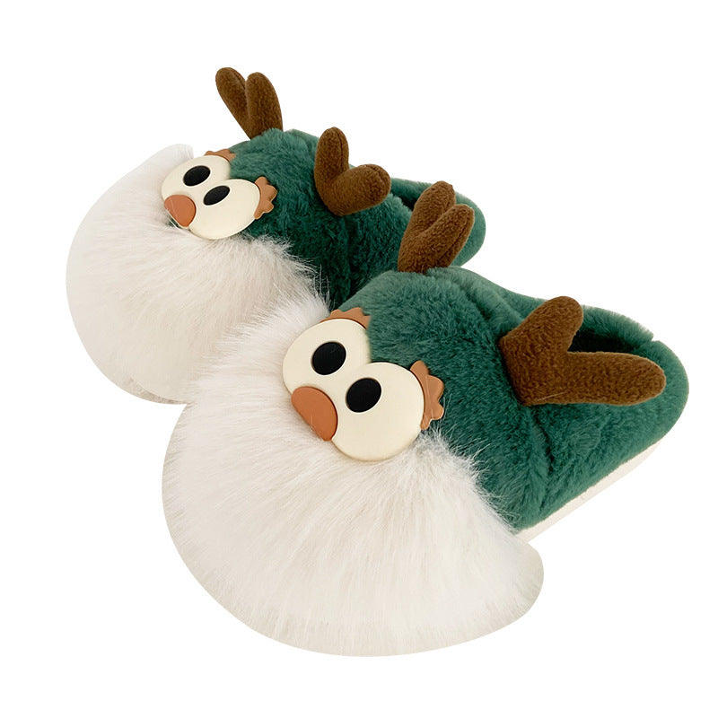 Chaussures mignonnes en coton avec motif cerf de Noël pour femme, pantoufles d'hiver d'intérieur, à talon semi-couvert, chaudes et en peluche
