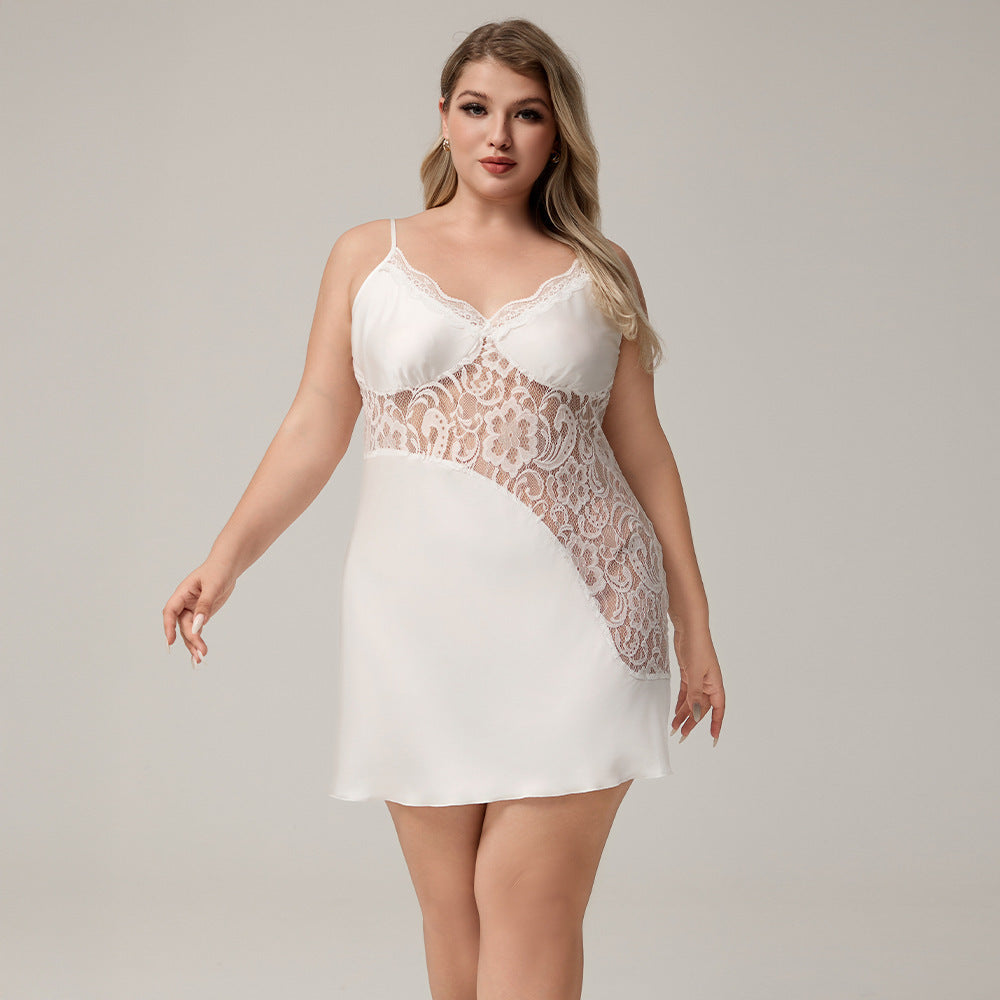 Womens Casual Loose Plus-Size Satin Lace V-Neck Dress