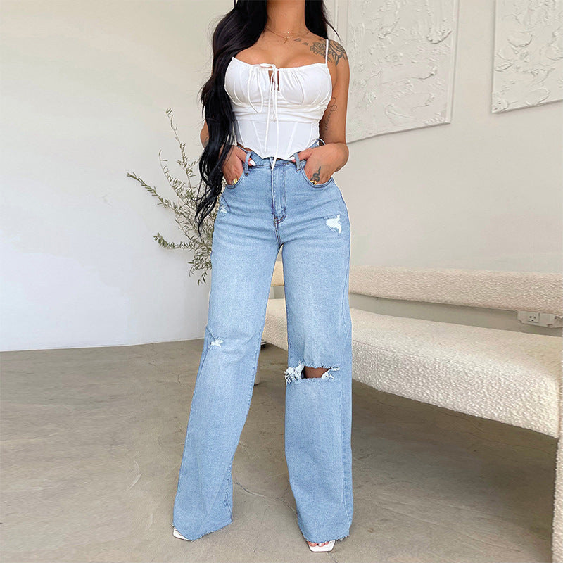 Pantalon décontracté effiloché à trous tendance
