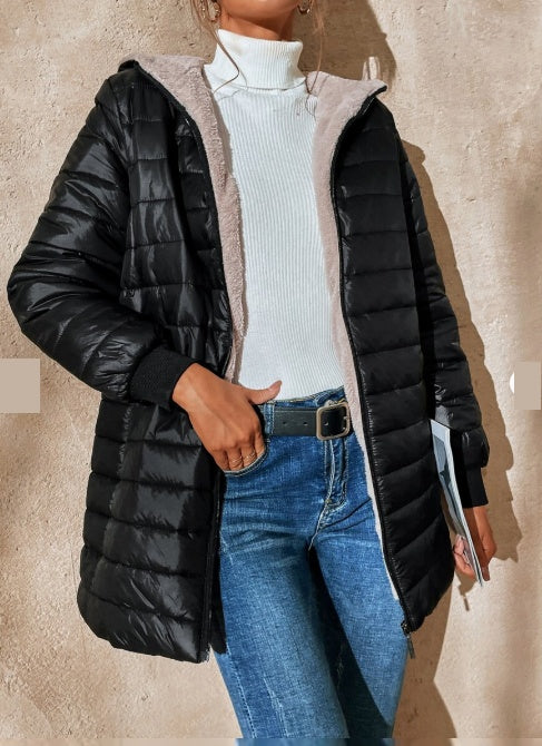 Manteau matelassé à capuche en polaire de couleur unie, style décontracté et polyvalent, Aveloria Modichic