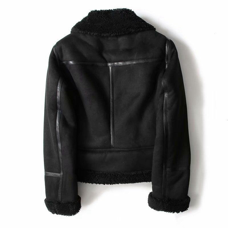 Veste d'hiver à revers en daim et laine d'agneau, manteau chaud pour moto, vêtements d'extérieur pour femmes