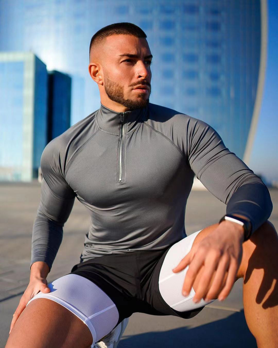 T-shirt de fitness, haut à demi-fermeture éclair à séchage rapide, vêtement moulant, manches longues