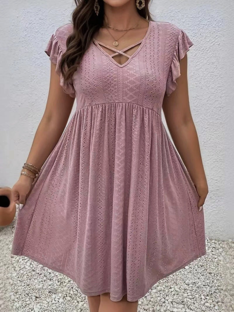 Women's Jacquard Ruffle Sleeve V-neck Dress