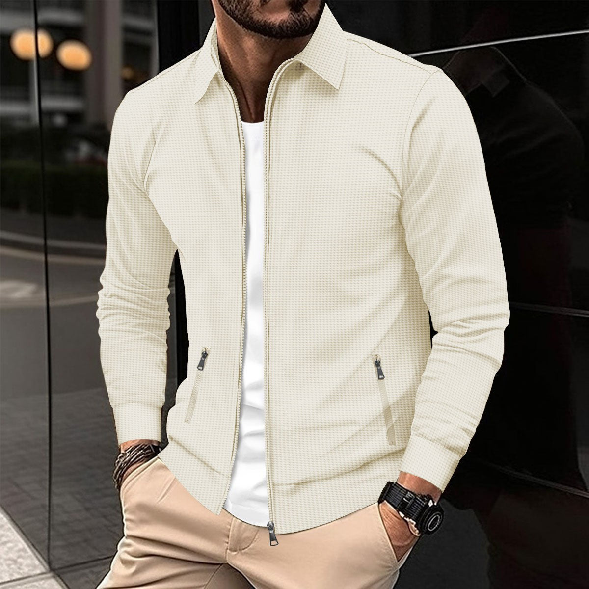 Cardigan gaufré à revers et poches zippées pour homme, coupe ajustée, printemps et automne